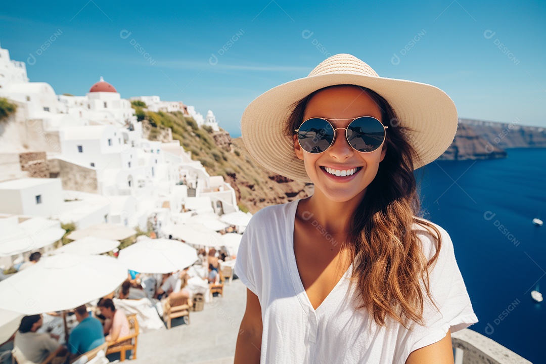 Mulher turista de Santorini