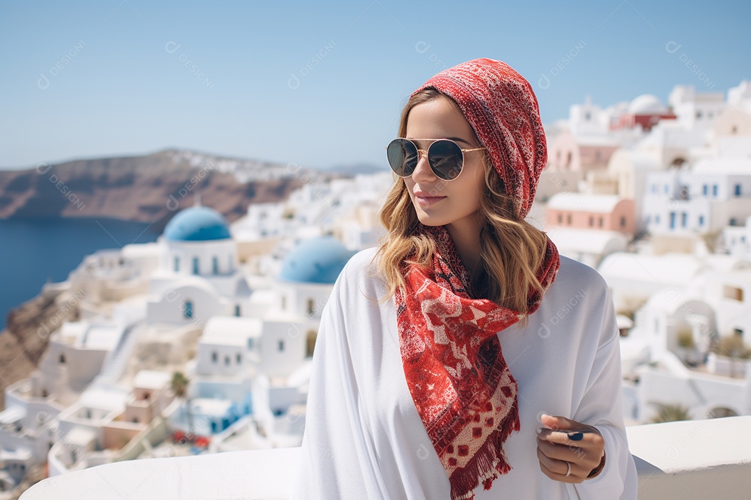 Mulher turista de Santorini