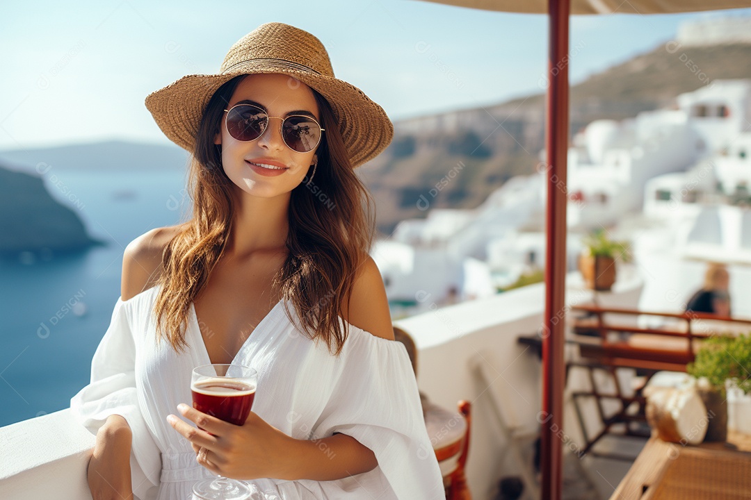 Mulher turista de Santorini