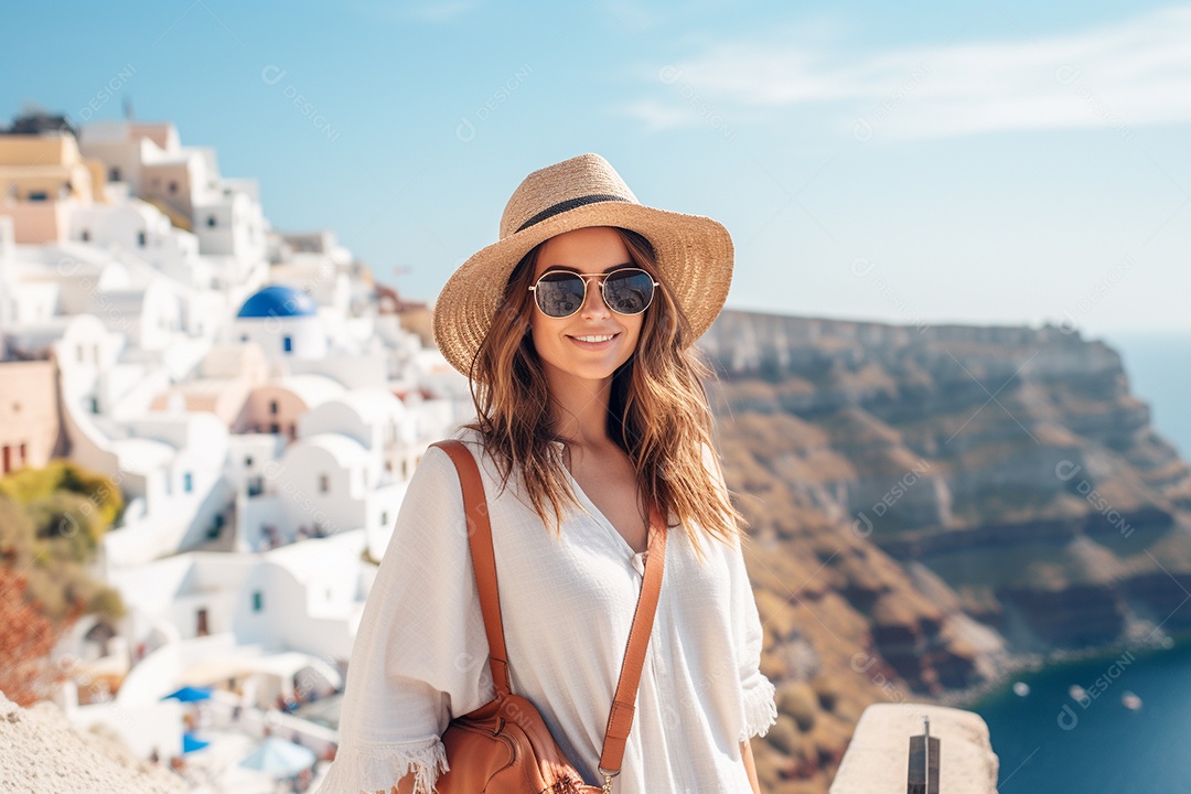 Mulher turista de Santorini