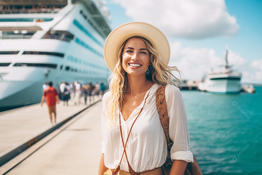 Mulher turística em navio de cruzeiro