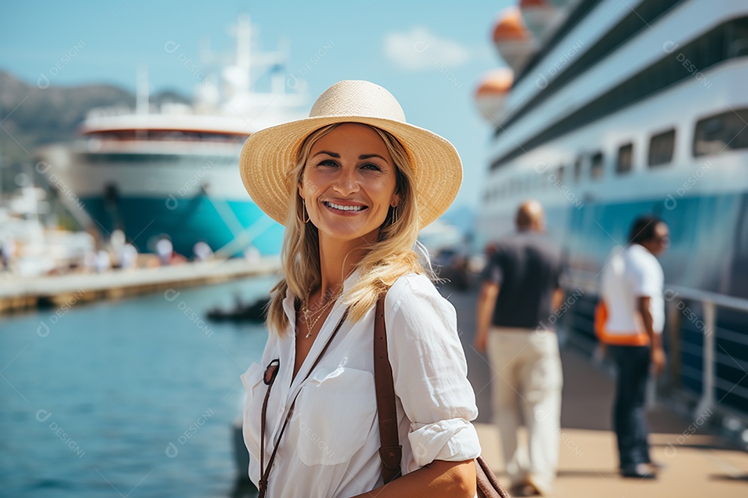 Mulher turística em navio de cruzeiro