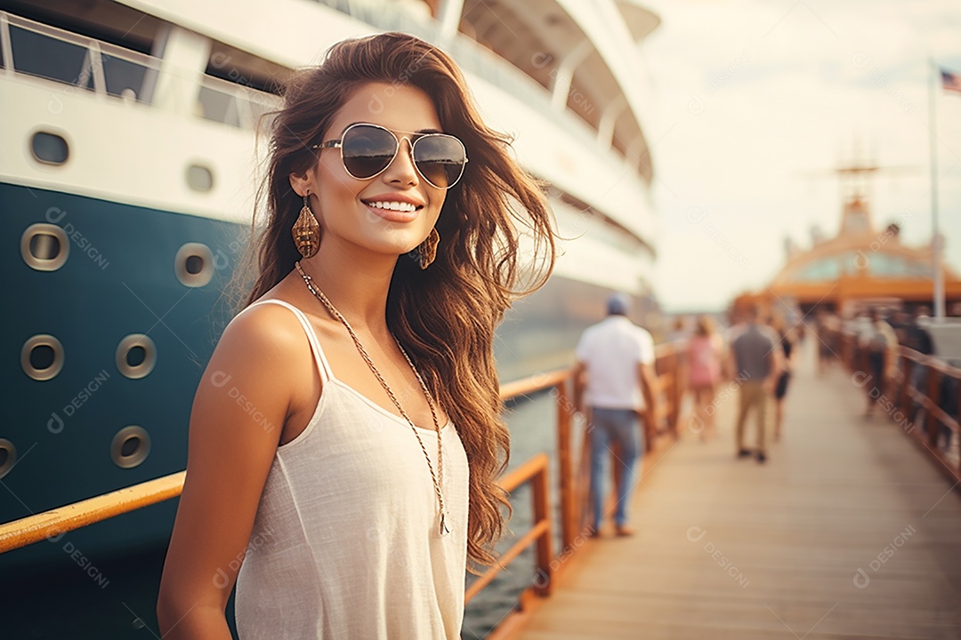 Mulher turística em navio de cruzeiro