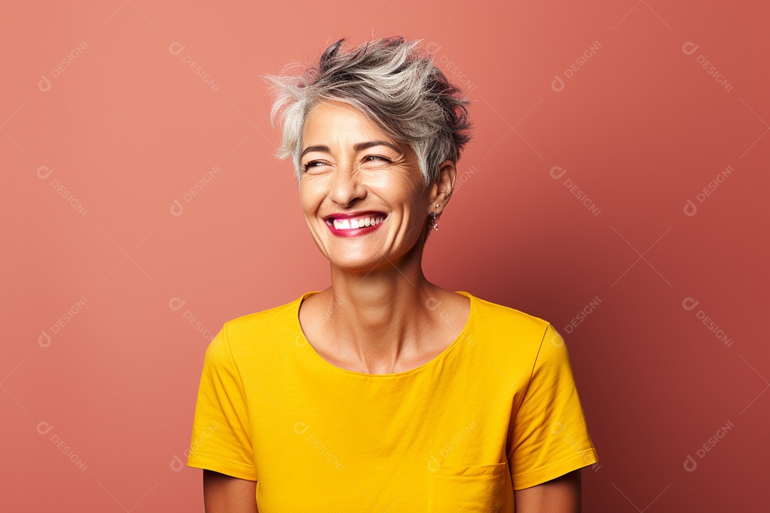 Mulher feliz. Casual. Imagem social em destaque. Fundo colorido