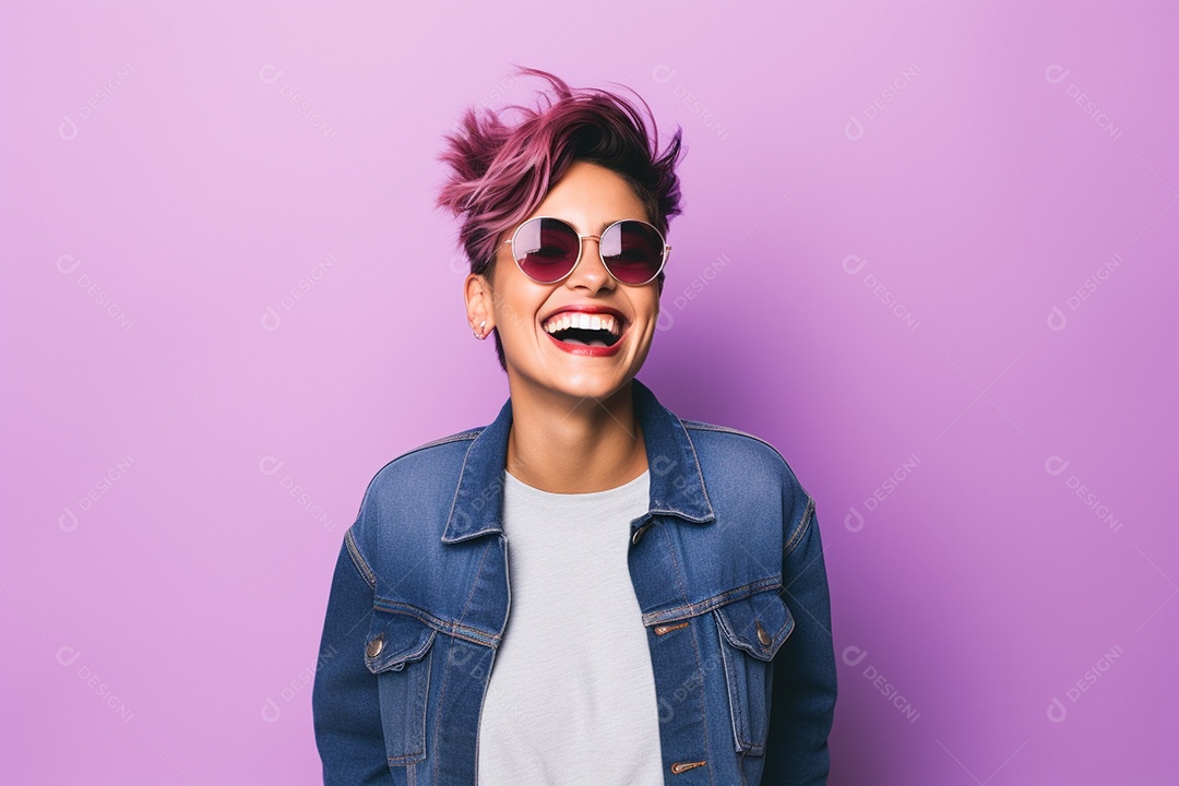 Mulher feliz. Casual. Imagem social em destaque. Fundo colorido