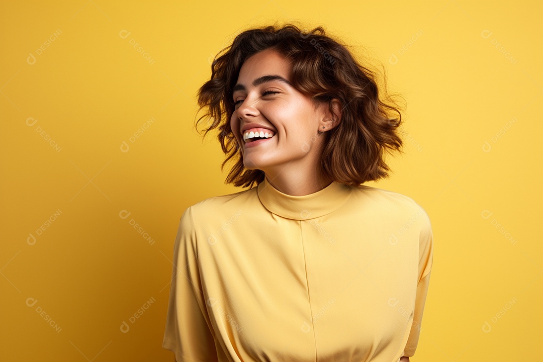 Mulher feliz. Casual. Imagem social em destaque. Fundo colorido