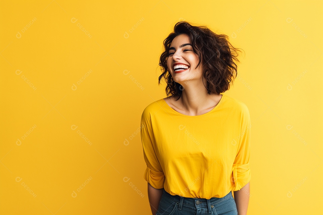 Mulher feliz. Casual. Imagem social em destaque. Fundo colorido