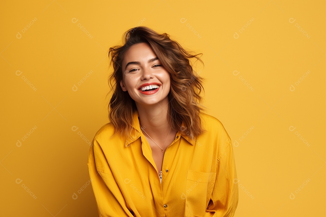 Mulher feliz. Casual. Imagem social em destaque. Fundo colorido