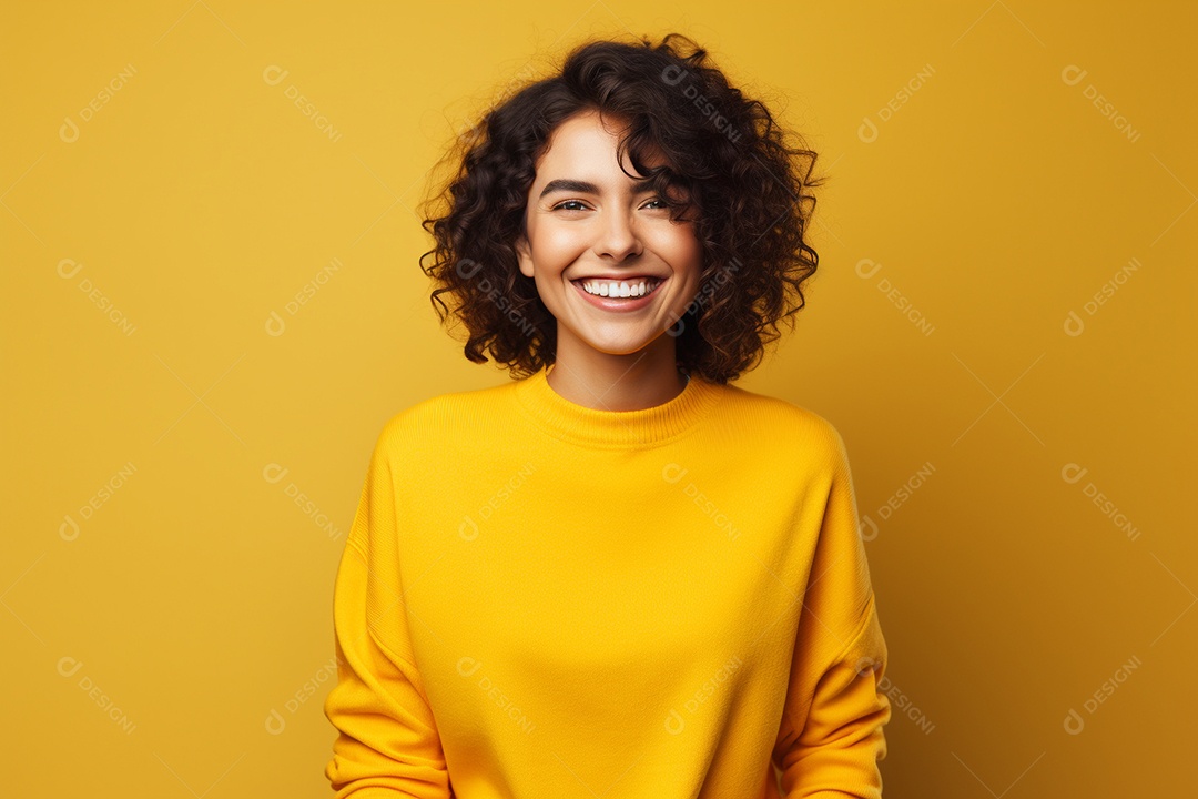 Mulher feliz. Casual. Imagem social em destaque. Fundo colorido