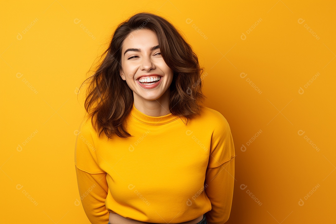 Mulher feliz. Casual. Imagem social em destaque. Fundo colorido