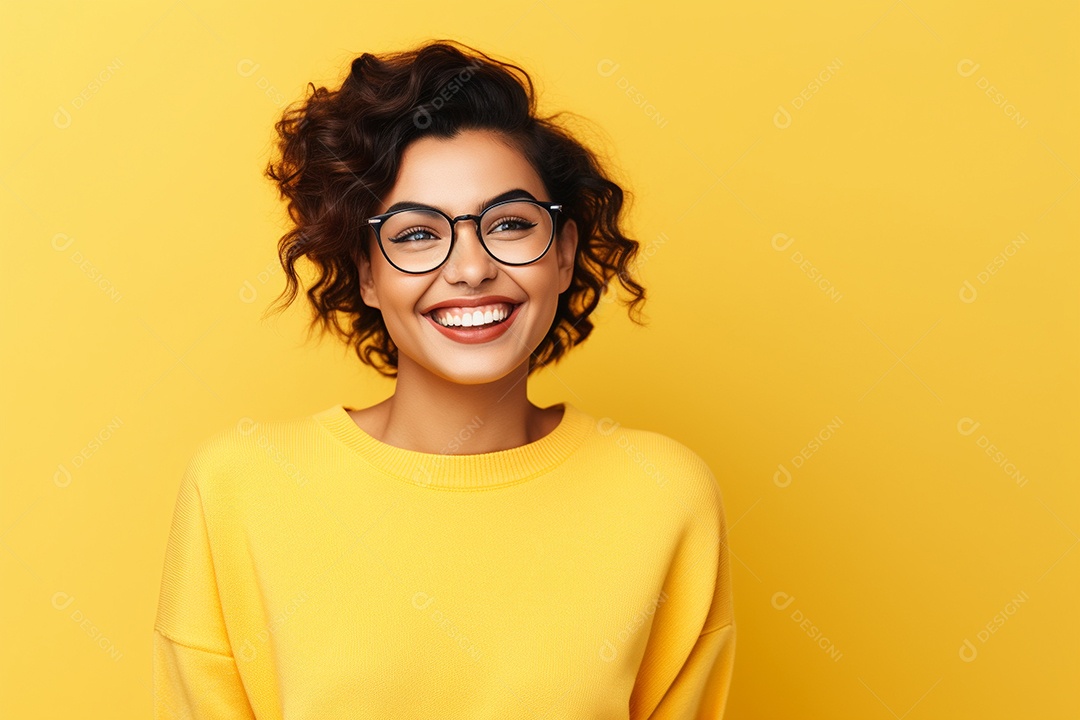 Mulher feliz. Casual. Imagem social em destaque. Fundo colorido