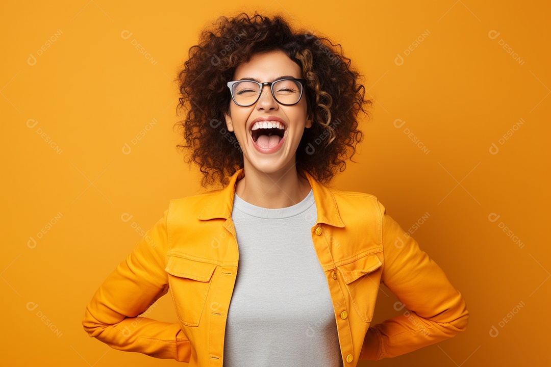 Mulher feliz. Casual. Imagem social em destaque. Fundo colorido