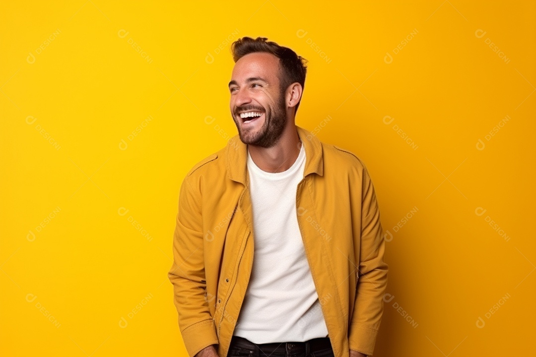 Pessoa feliz. Casual. Imagem social em destaque. Fundo colorido