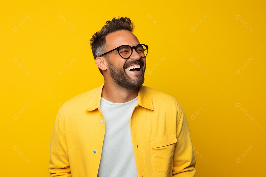 Pessoa feliz. Casual. Imagem social em destaque. Fundo colorido