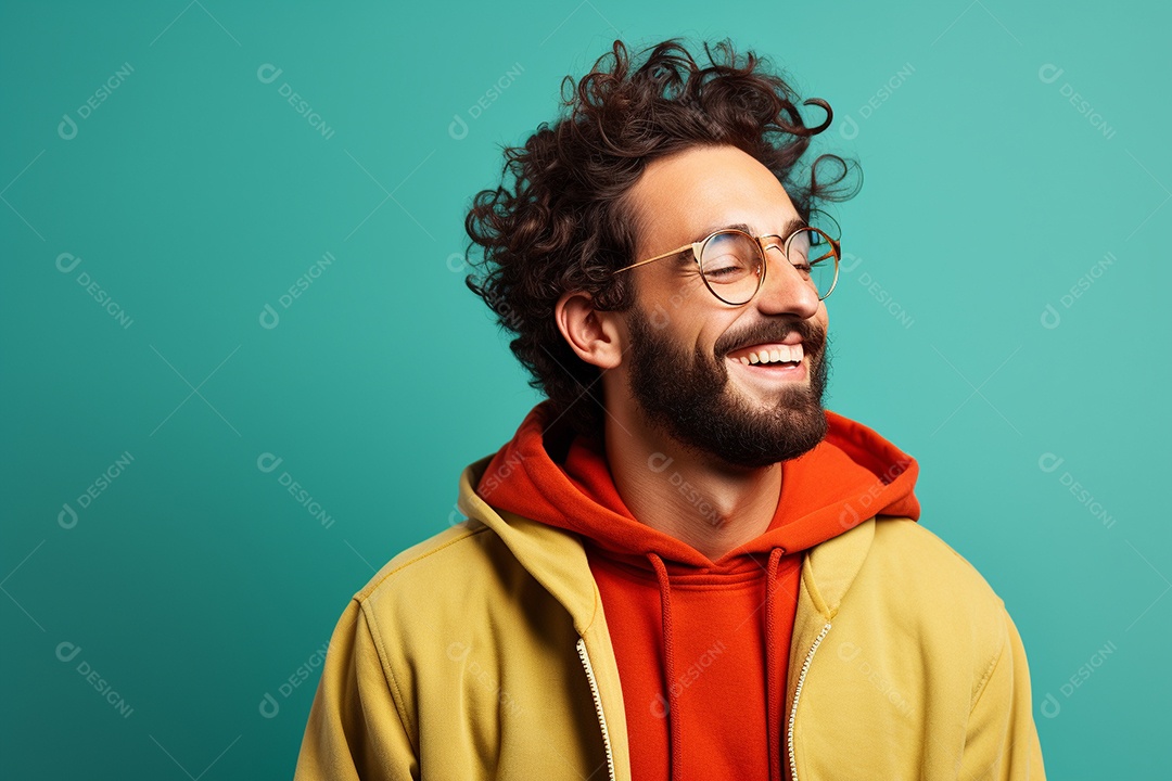 Pessoa feliz. Casual. Imagem social em destaque. Fundo colorido