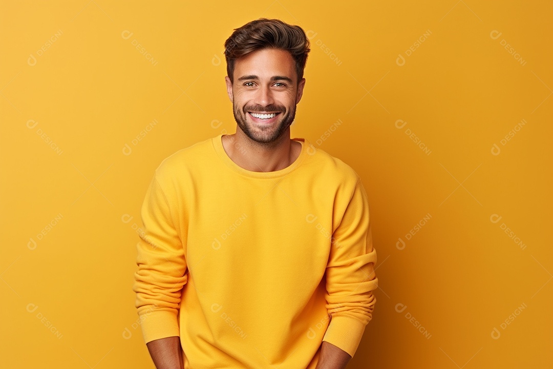 Pessoa feliz. Casual. Imagem social em destaque. Fundo colorido