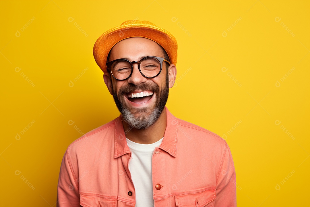 Pessoa feliz. Casual. Imagem social em destaque. Fundo colorido