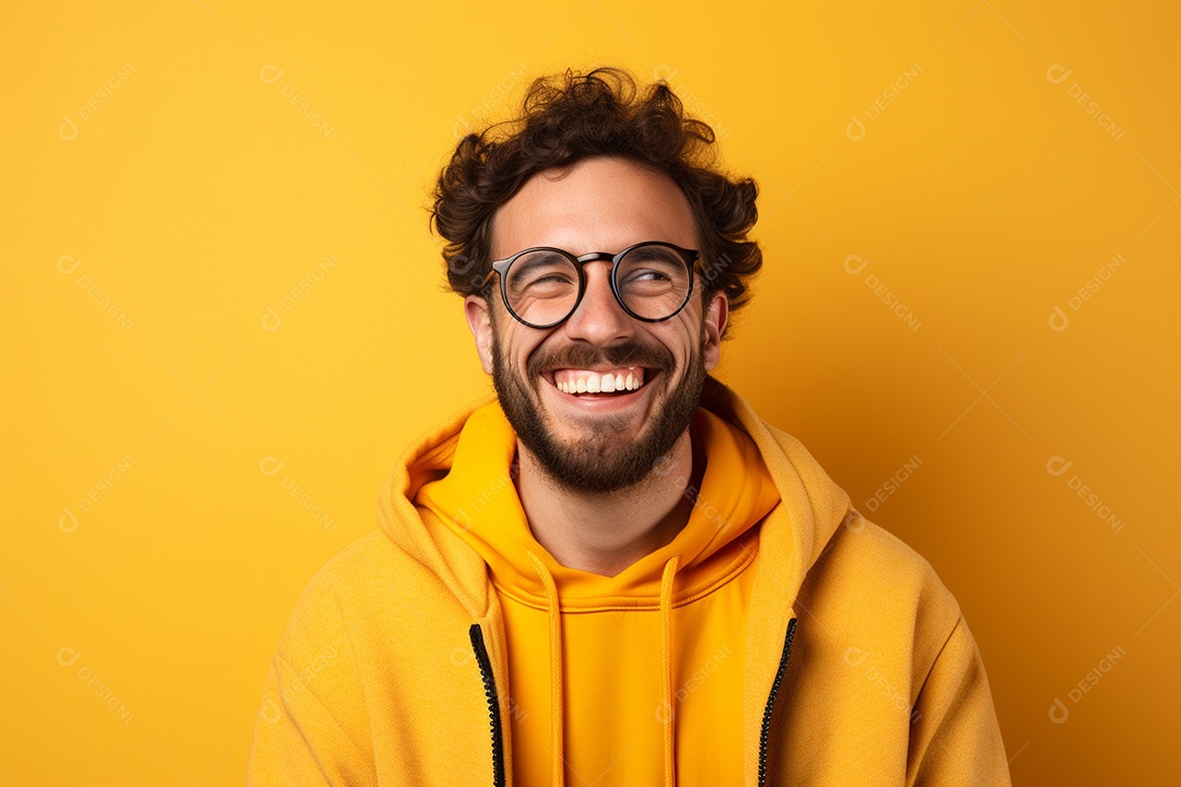 Pessoa feliz. Casual. Imagem social em destaque. Fundo colorido