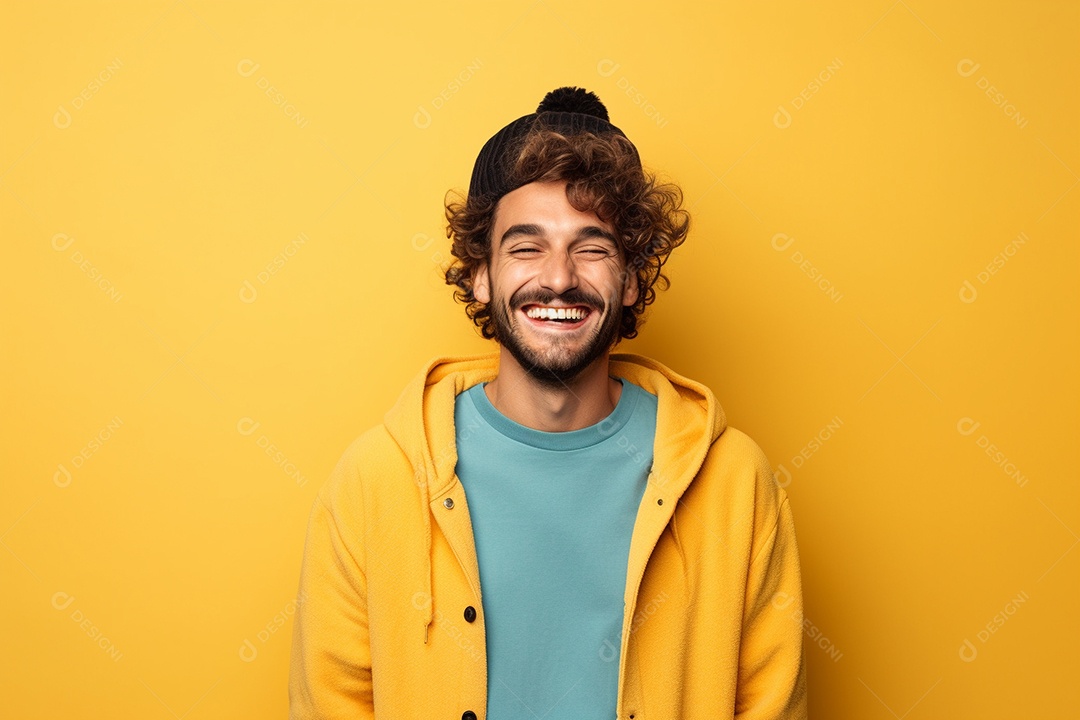 Pessoa feliz. Casual. Imagem social em destaque. Fundo colorido