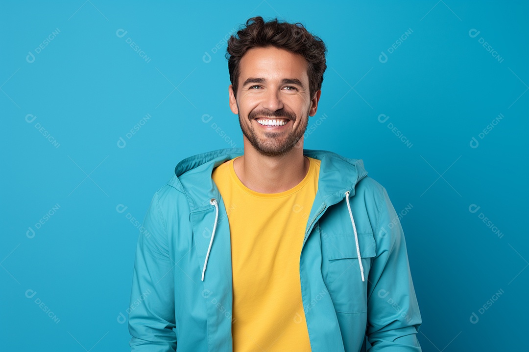 Pessoa feliz. Casual. Imagem social em destaque. Fundo colorido