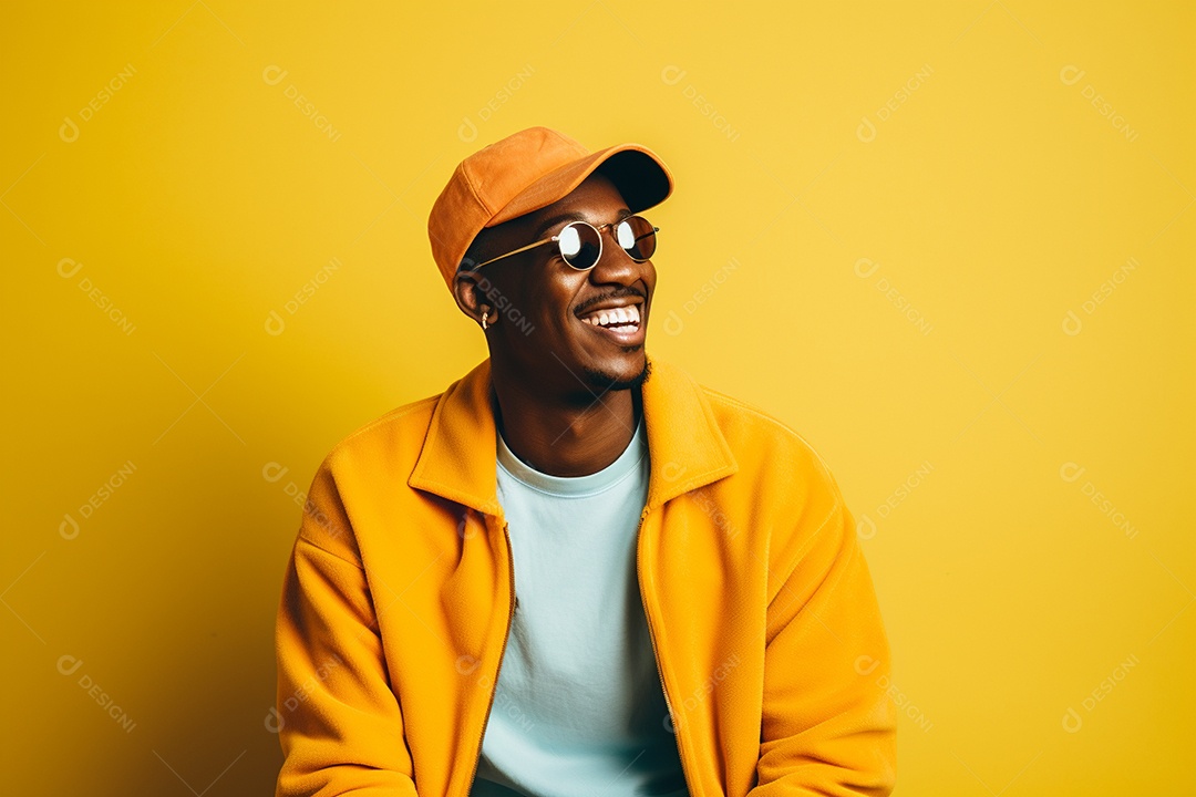 Pessoa feliz. Casual. Imagem social em destaque. Fundo colorido