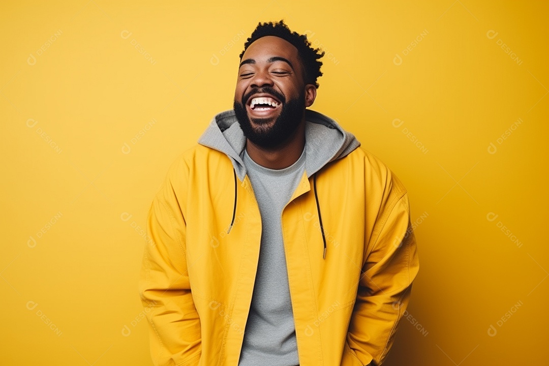 Homem negro feliz. Casual. Imagem social em destaque. Fundo colorido