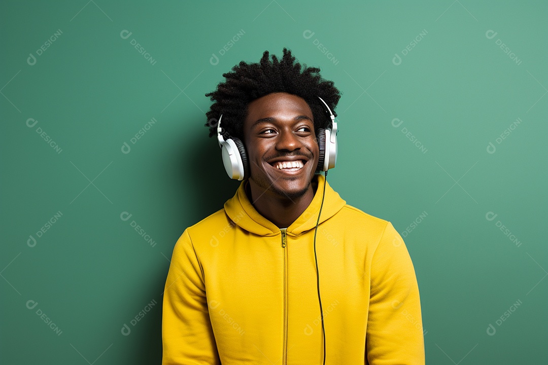 Homem negro feliz. Casual. Imagem social em destaque. Fundo colorido