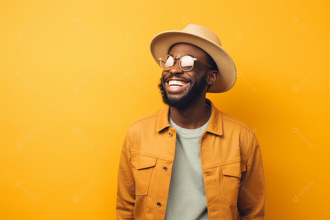 Homem negro feliz. Casual. Imagem social em destaque. Fundo colorido