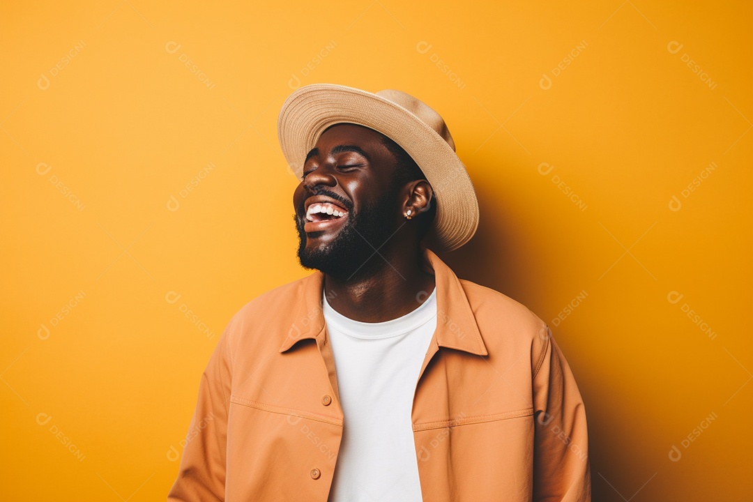 Homem negro feliz. Casual. Imagem social em destaque. Fundo colorido