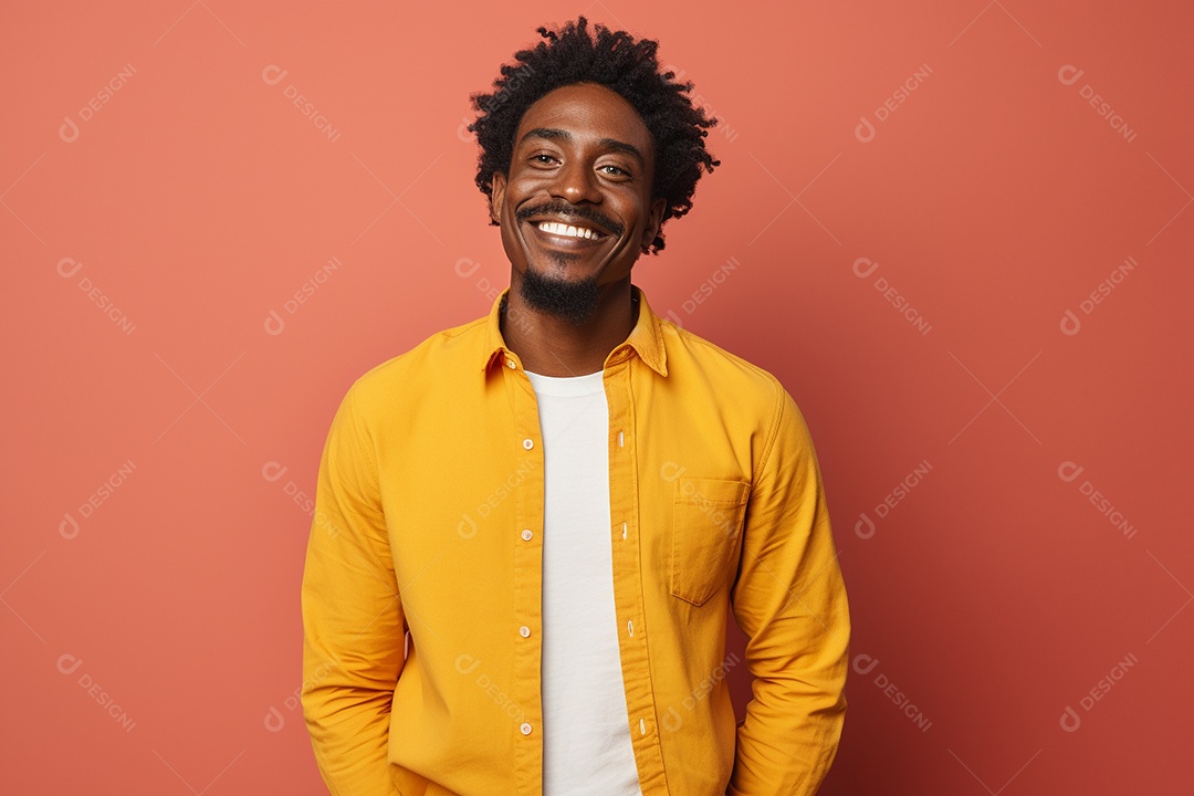 Homem negro feliz. Casual. Imagem social em destaque. Fundo colorido