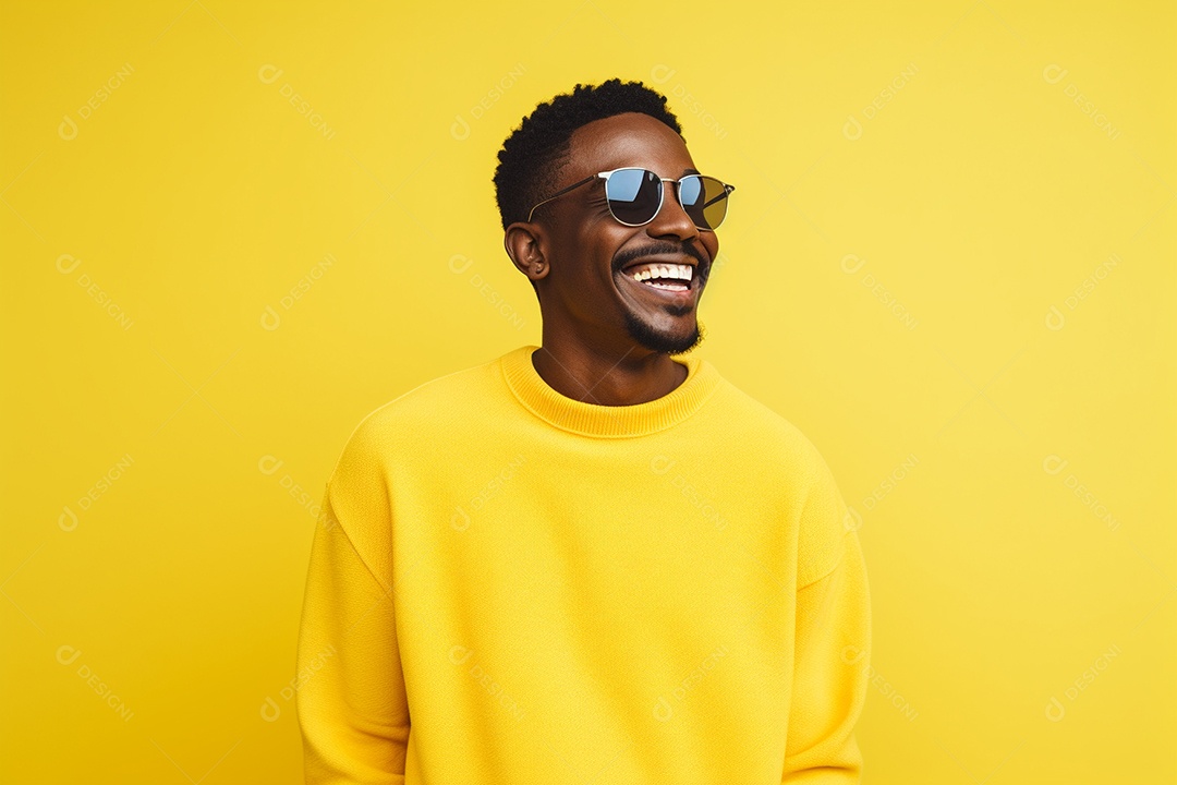 Homem negro feliz. Casual. Imagem social em destaque. Fundo colorido