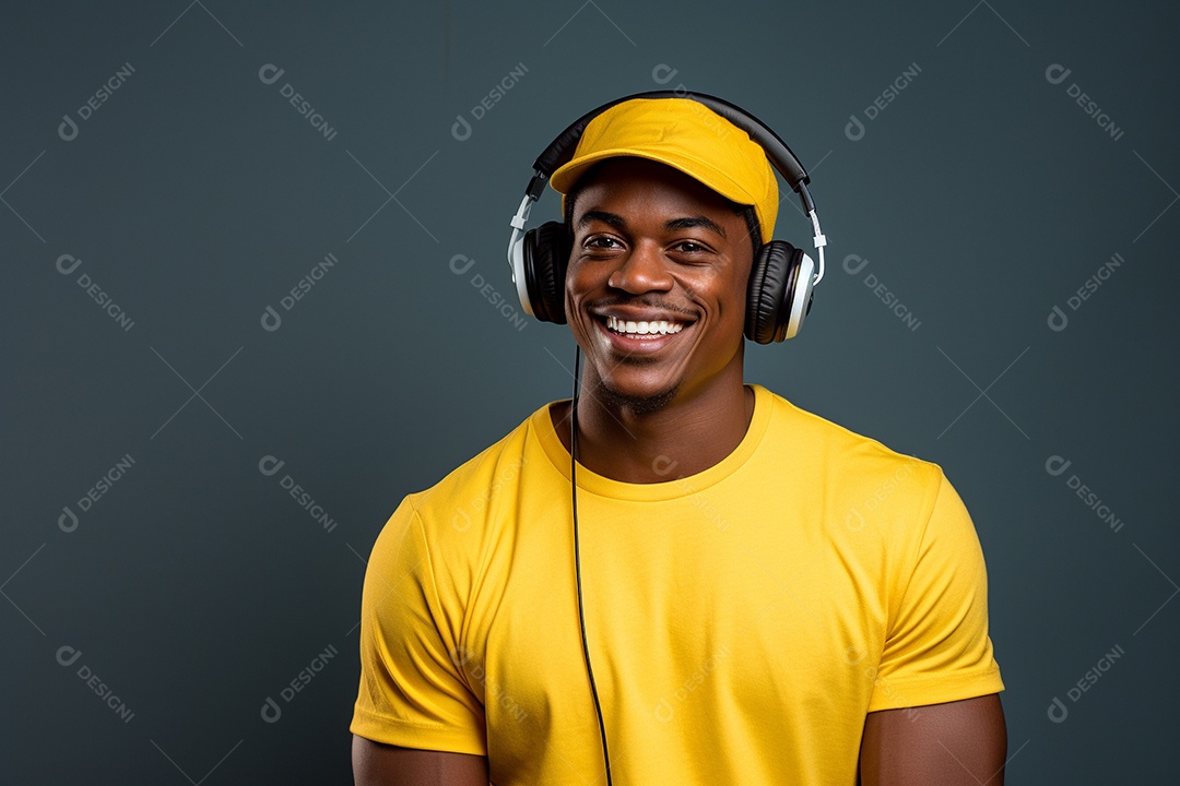 Homem negro feliz. Casual. Imagem social em destaque. Fundo colorido