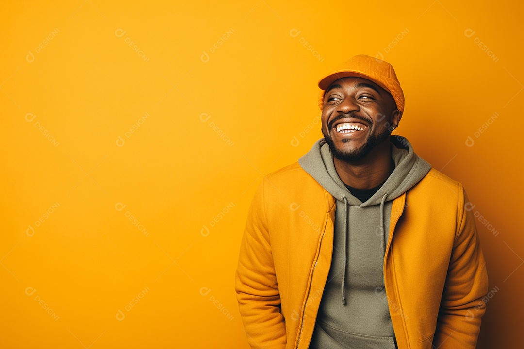 Homem negro feliz. Casual. Imagem social em destaque. Fundo colorido