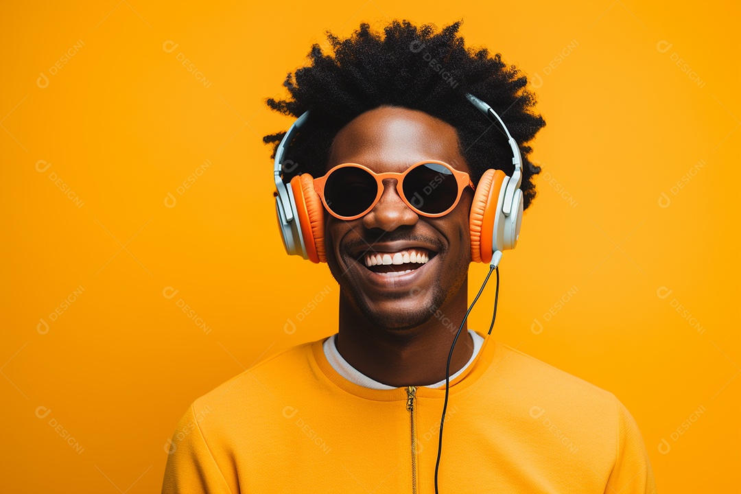 Homem negro feliz. Casual. Imagem social em destaque. Fundo colorido