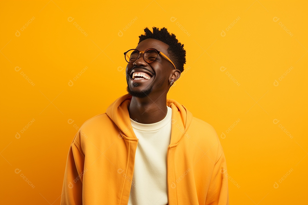 Homem negro feliz. Casual. Imagem social em destaque. Fundo colorido