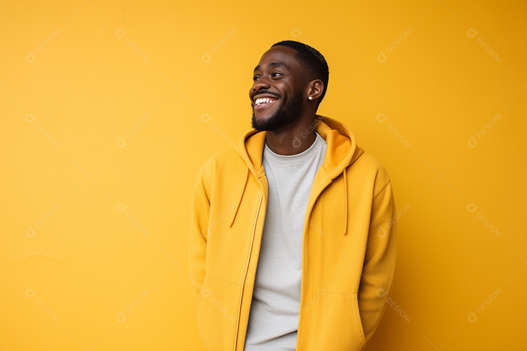 Homem negro feliz. Casual. Imagem social em destaque. Fundo colorido