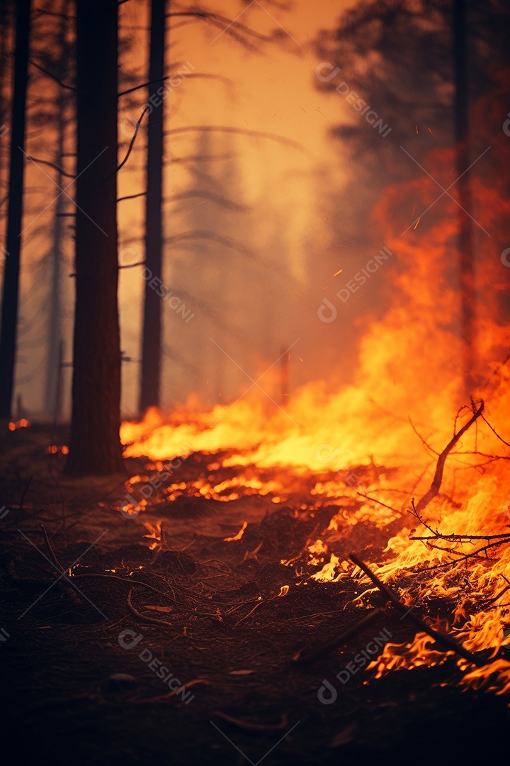 Incêndio florestal ardente destrói ambiente natural ao ar livre