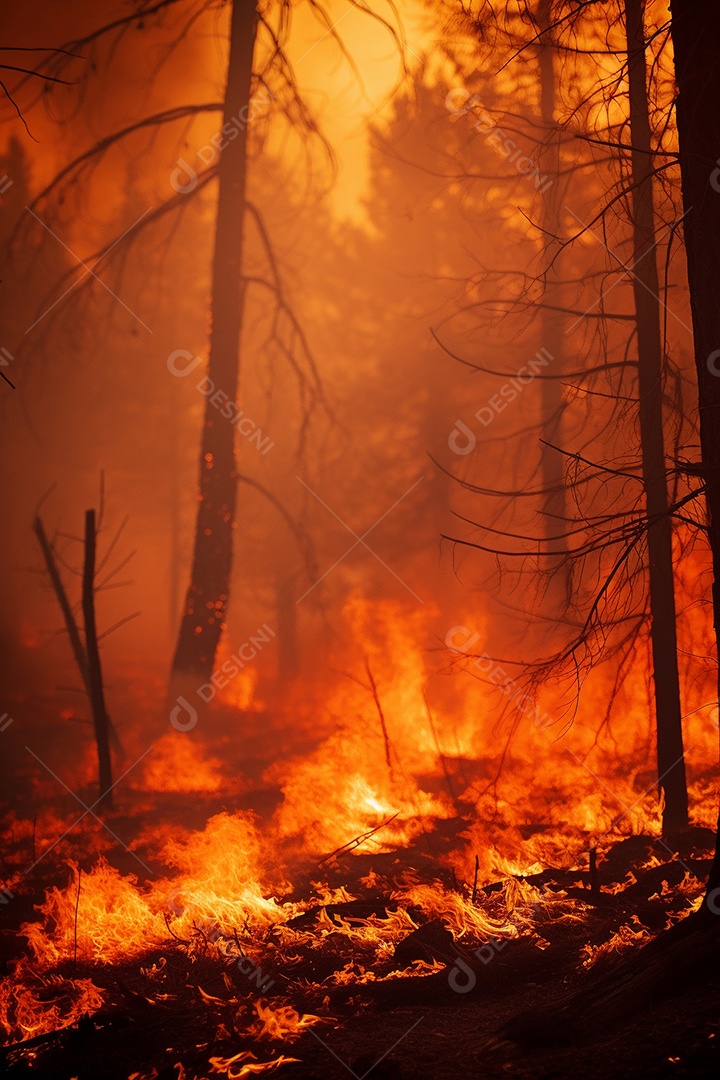 Incêndio florestal ardente destrói ambiente natural ao ar livre