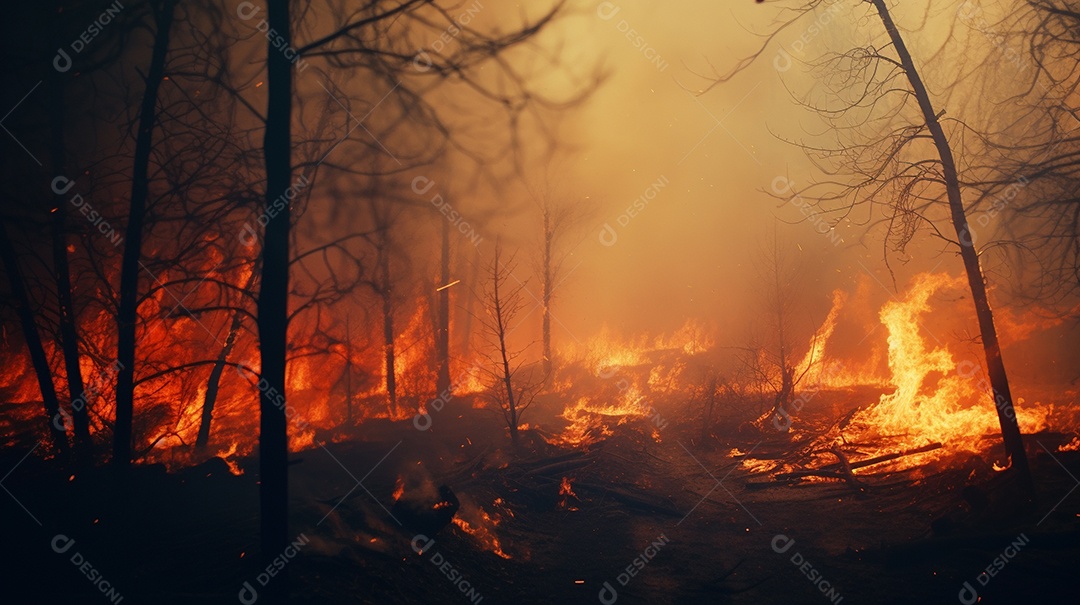 Incêndio florestal ardente destrói ambiente natural ao ar livre