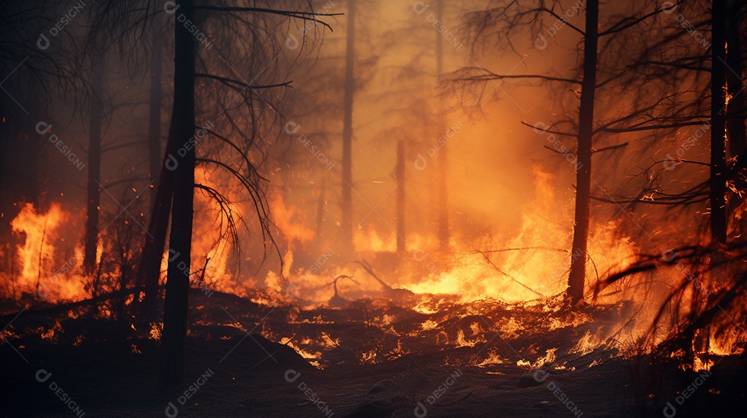 Incêndio florestal ardente destrói ambiente natural ao ar livre