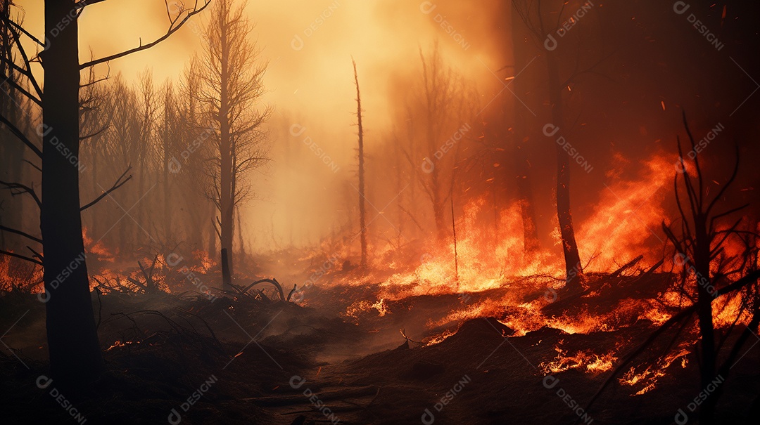 Incêndio florestal ardente destrói ambiente natural ao ar livre
