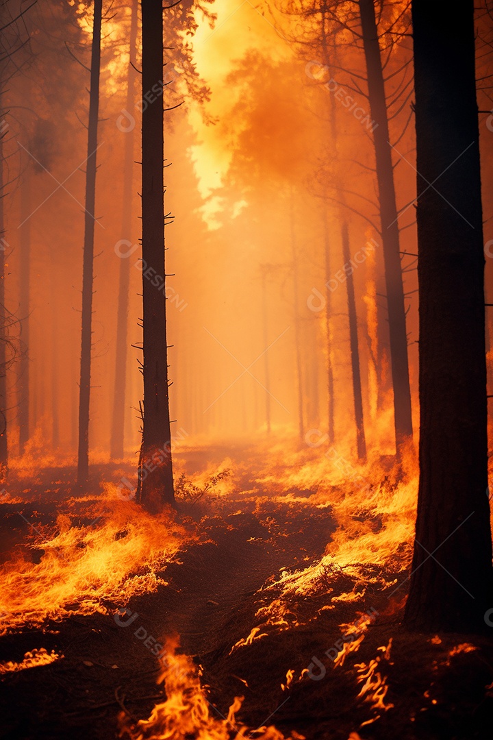 Incêndio florestal ardente destrói ambiente natural ao ar livre