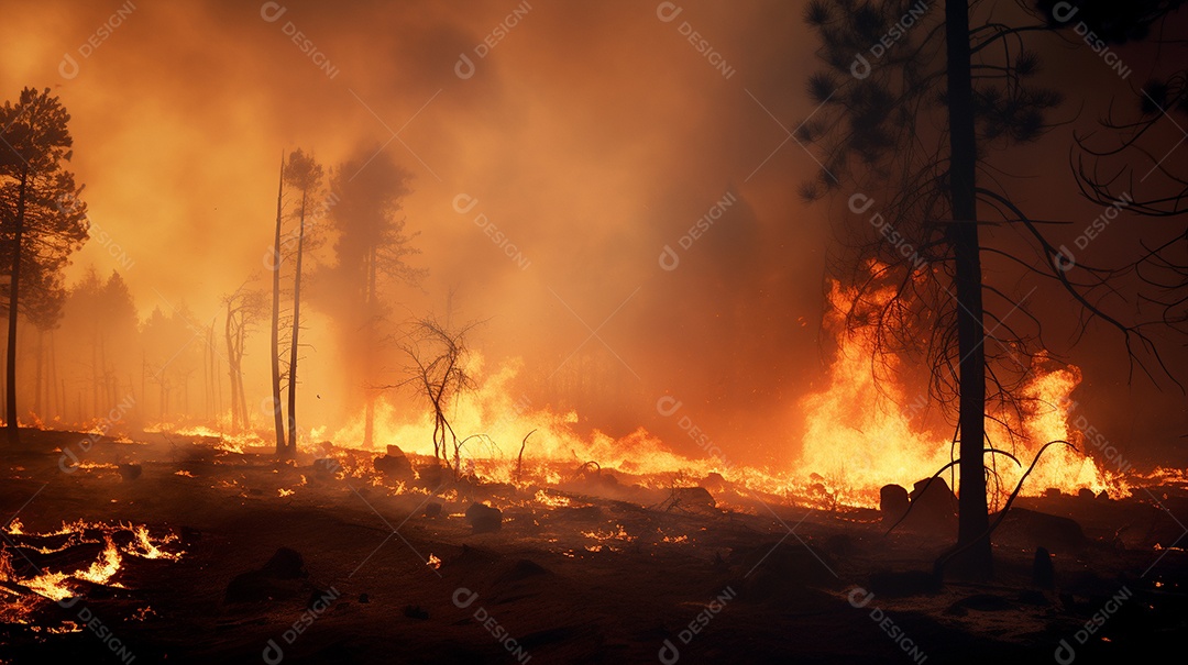 Incêndio florestal ardente destrói ambiente natural ao ar livre