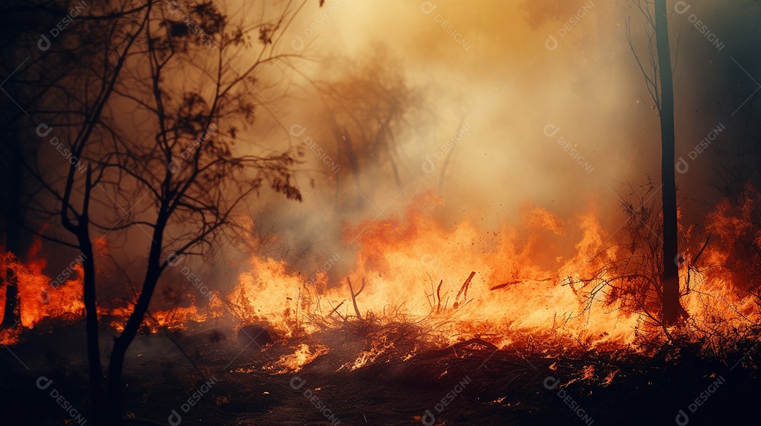 Incêndio florestal ardente destrói ambiente natural ao ar livre
