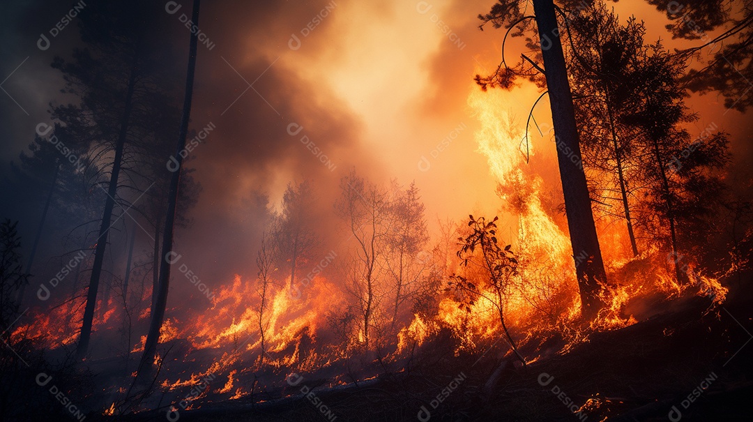 Incêndio florestal ardente destrói ambiente natural ao ar livre