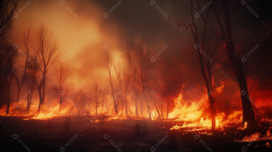 Incêndio florestal ardente destrói ambiente natural ao ar livre