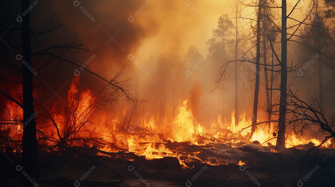 Incêndio florestal ardente destrói ambiente natural ao ar livre