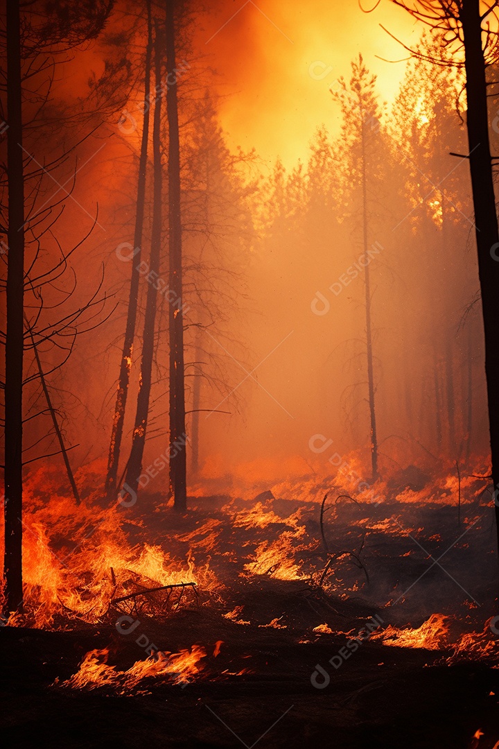 Incêndio florestal ardente destrói ambiente natural ao ar livre