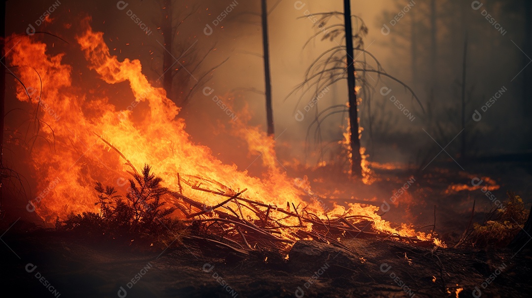 Incêndio florestal ardente destrói ambiente natural ao ar livre