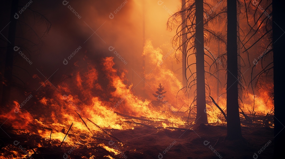 Incêndio florestal ardente destrói ambiente natural ao ar livre